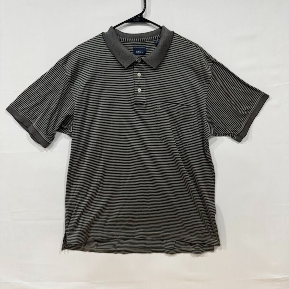 IZOD Polo Shirt Men's L Gray Black Stripe‎ Double Mercerized Cotton